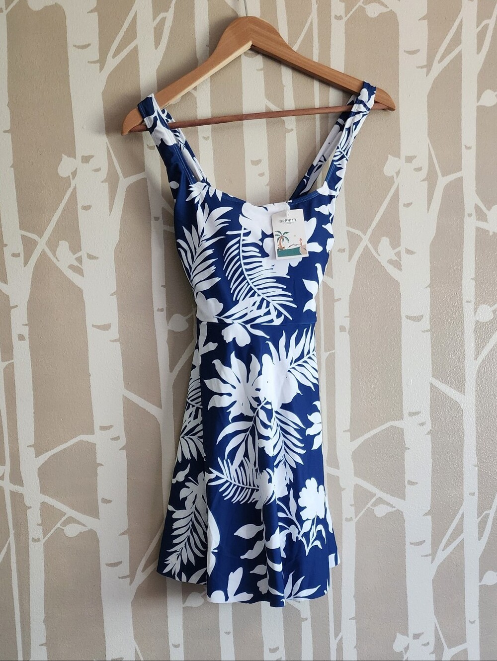 Navy & White Tropical Print Swim Dress